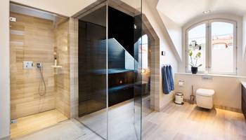 Interior design of bathroom in house in scandinavian style.